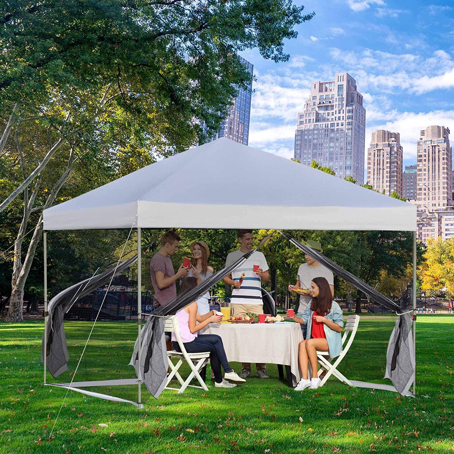SUGIFT 10 ft. x 10 ft. White Gazebo Pop Up Canopy with Mesh Curtains