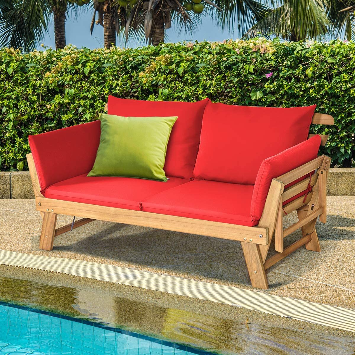 1-Piece Wooden Outdoor Convertible Recliner Sofa with Red Cushions