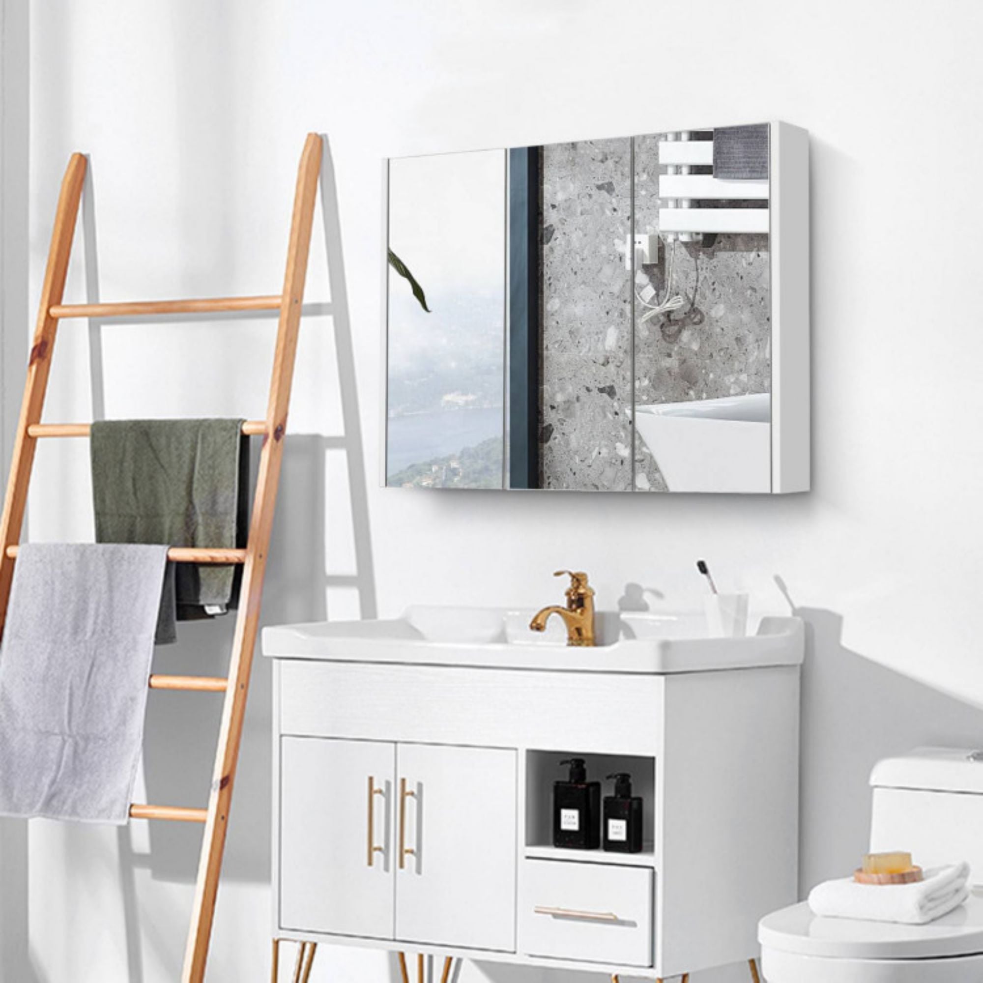 4.5 in. W x 36 in. D x 25.5 in. H White Bathroom Storage Wall Cabinet with Mirror and Adjustable Shelves