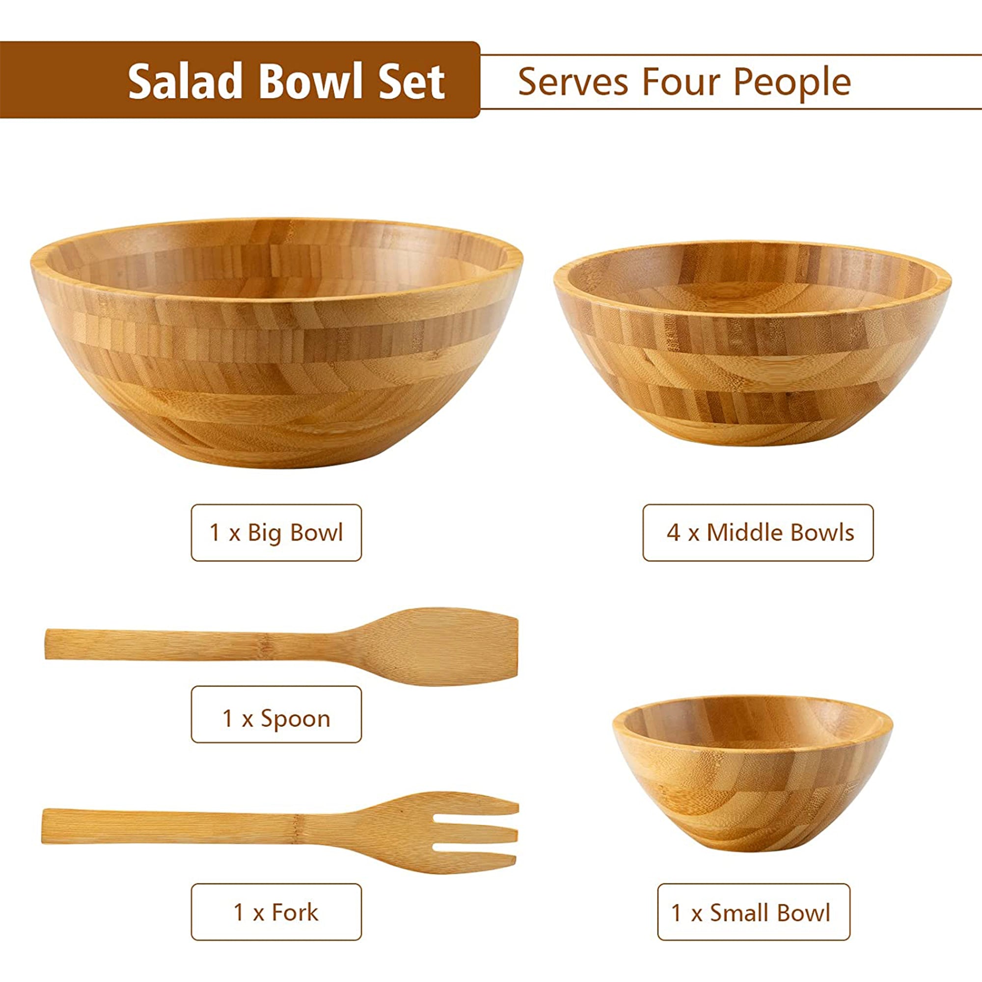 100 fl.oz. Natural Brown Bamboo Wood Salad Bowl Set (Set of 8)