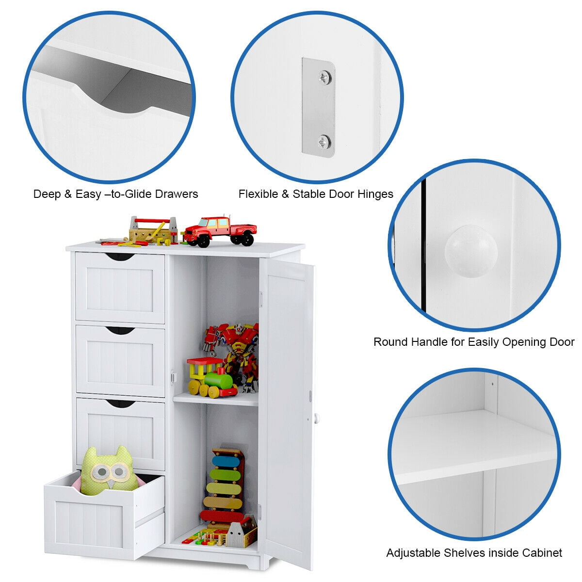 SUGIFT Wooden 4 Drawer Bathroom Cabinet Storage Cupboard 2 Shelves Free Standing White