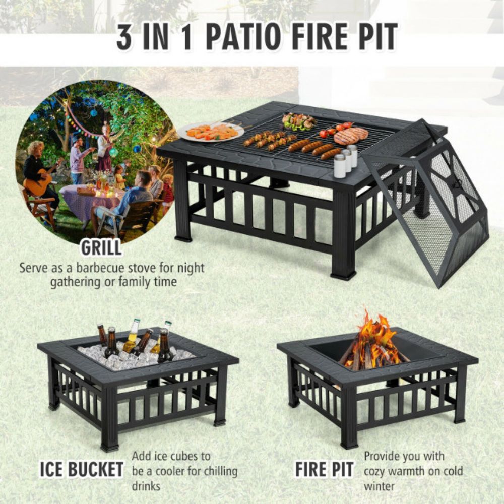 32 in. Outdoor Square Fire Pit Table with BBQ Grill and Rain Cover
