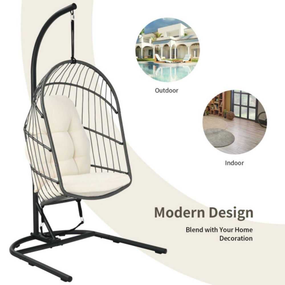 Wicker Hanging Patio Swing Egg Chair with Stand and Cushion