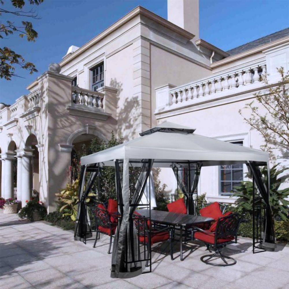 10 ft. x 10 ft. Light Gray Patio Gazebo with Mosquito Net and Corner Shelves