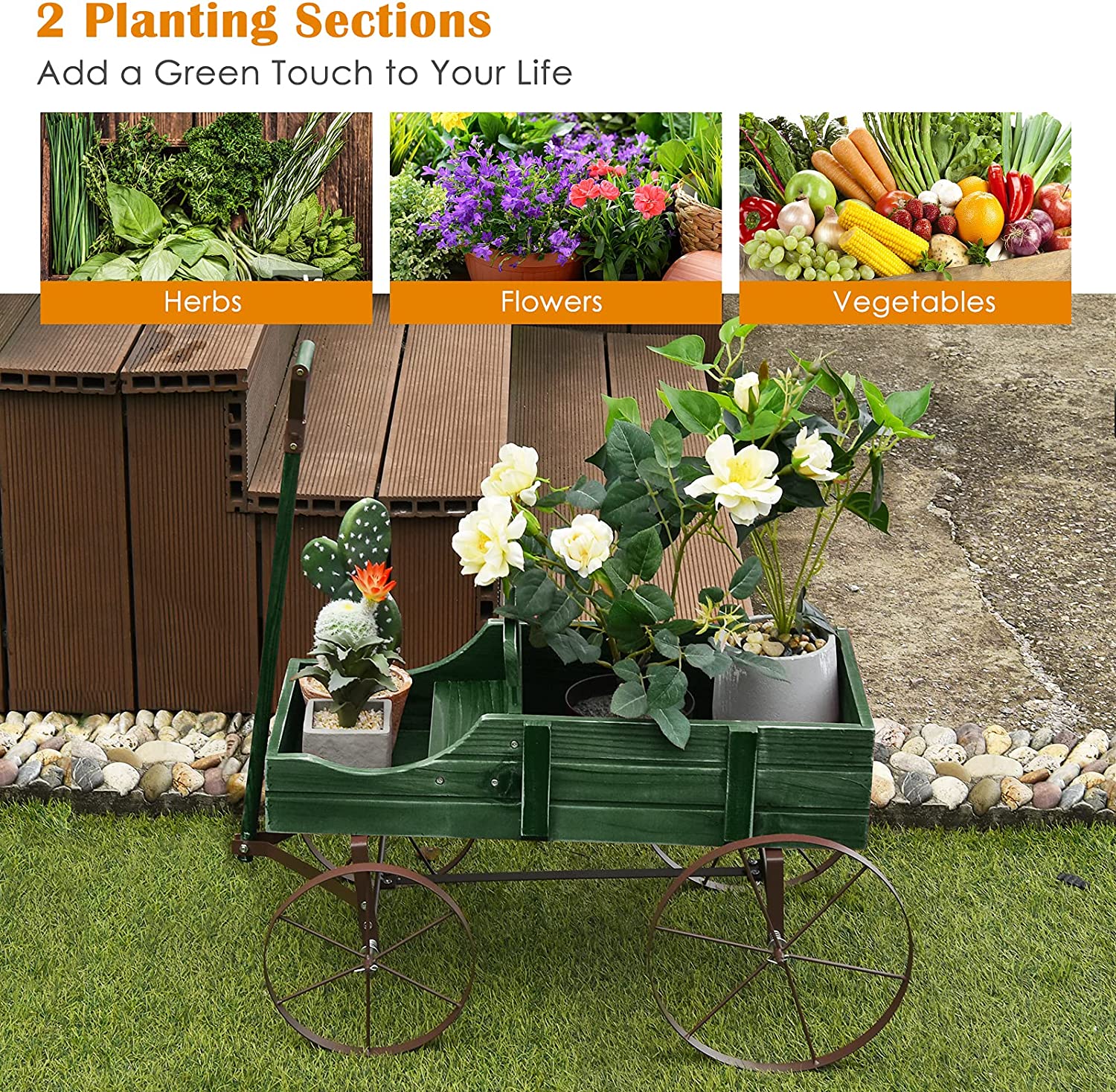 Wooden Wagon Plant Bed in Green with Metal Wheels