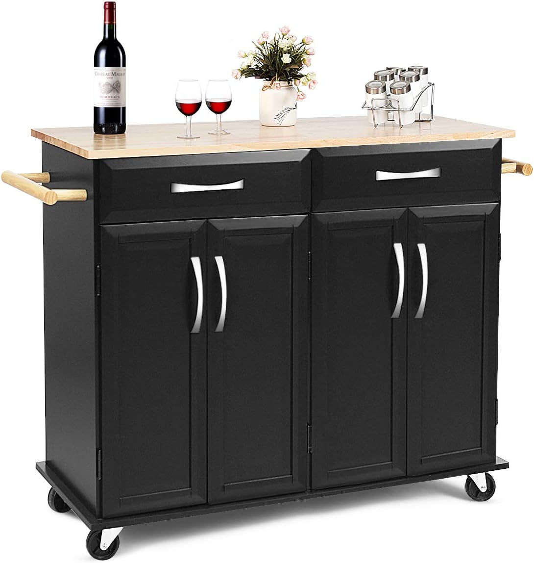 Black Rolling Kitchen Cart with Towel Rack and Wood Table Top