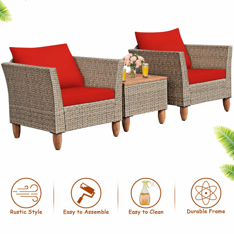 3-Piece Wicker Patio Conversation Set Sofa with Table and Red Cushion