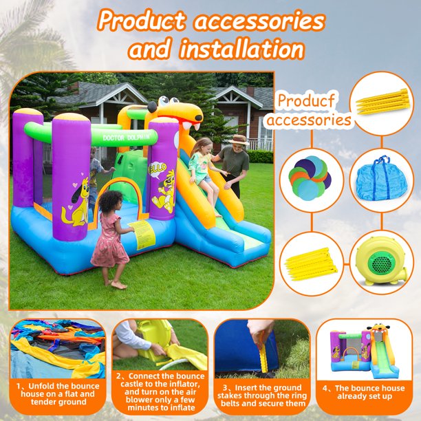 Inflatable Castle Bounce House Oxford Fabric 420D+840D Green Dog Slide and Jumping 450W Blower