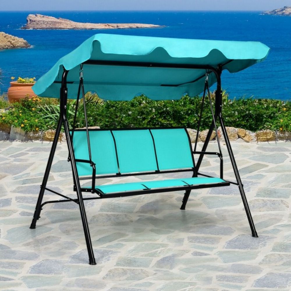 3-Person Blue Metal Patio Swing Canopy