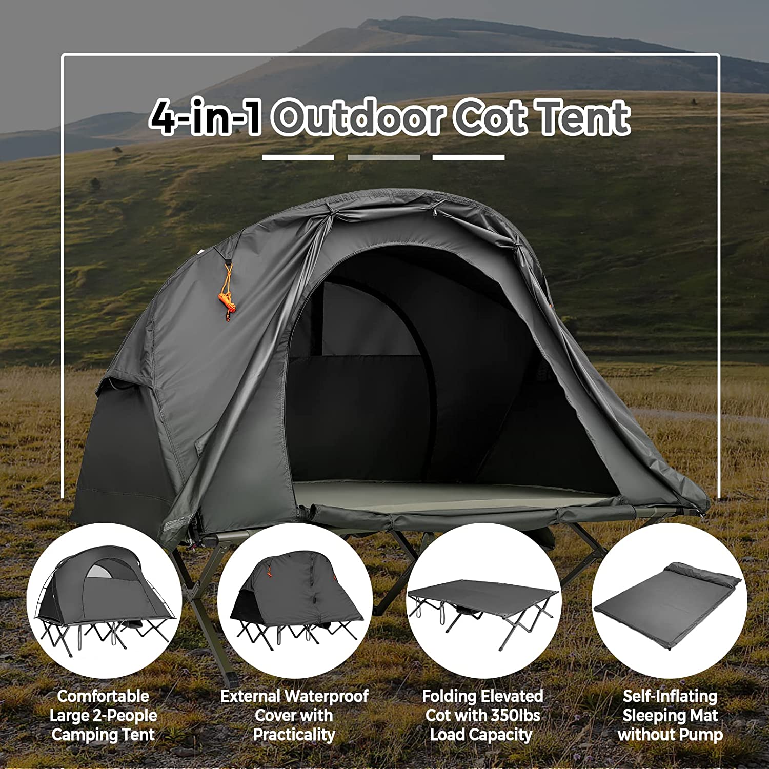 2-Person Gray Outdoor Folding Camping Tent Elevated Tent with External Cover