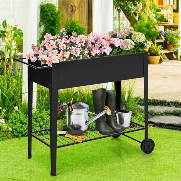 Elevated Planter Box on Wheels with Non-slip Legs and Storage Shelf Cart