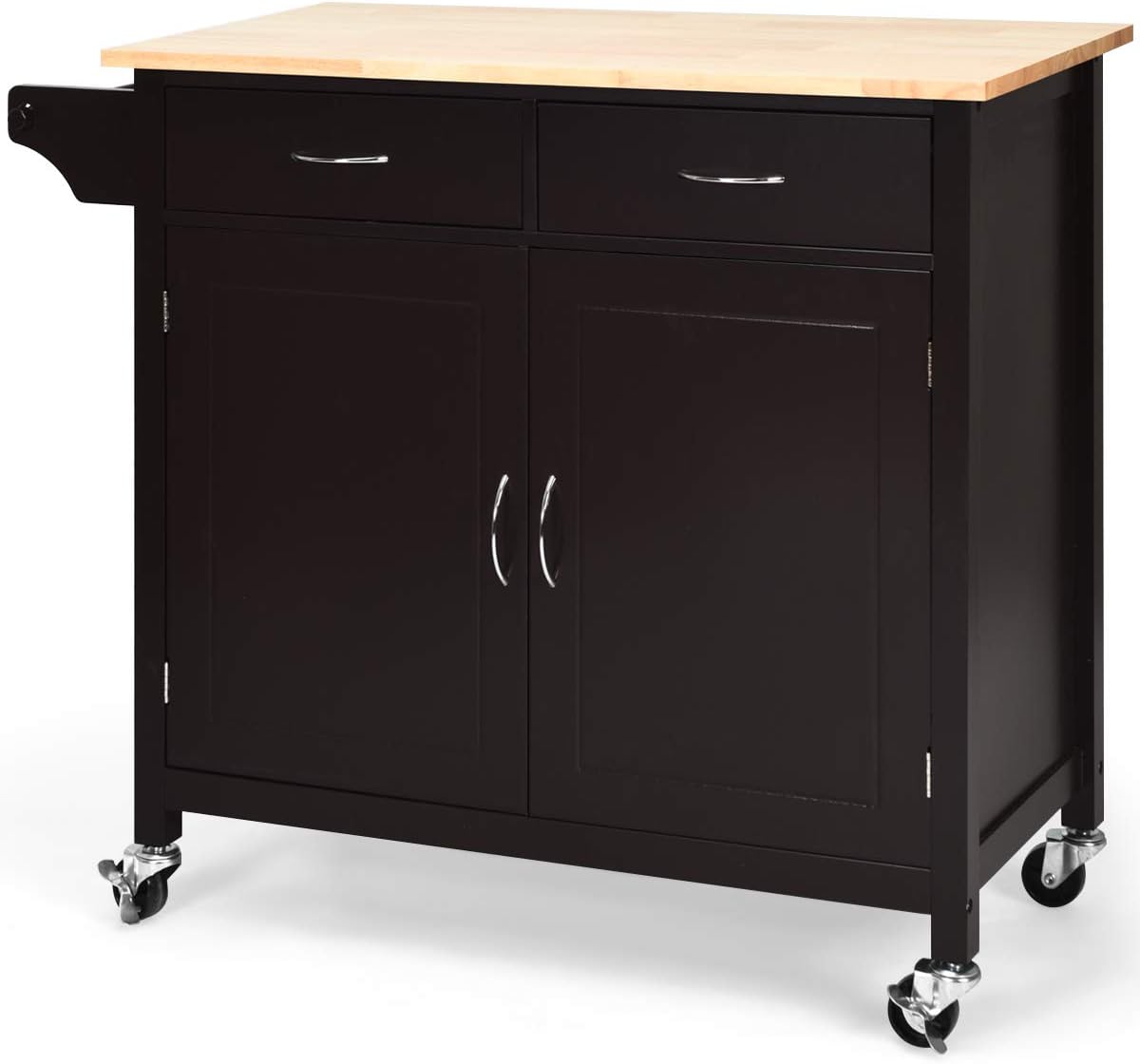 Brown Rolling Kitchen Cart with Towel Rack and Wood Table Top