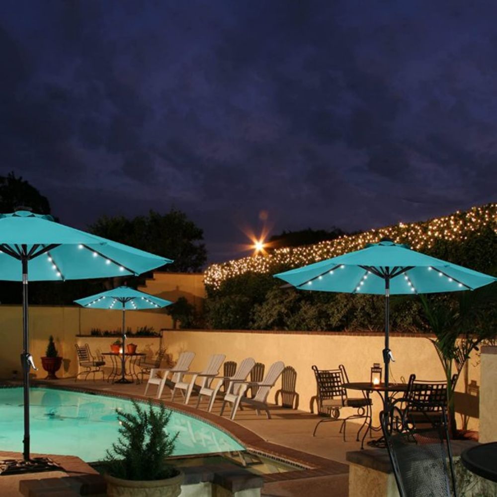 10 ft. Metal Market Solar Tilt Patio Umbrella with Crank and LED Lights in Turquoise