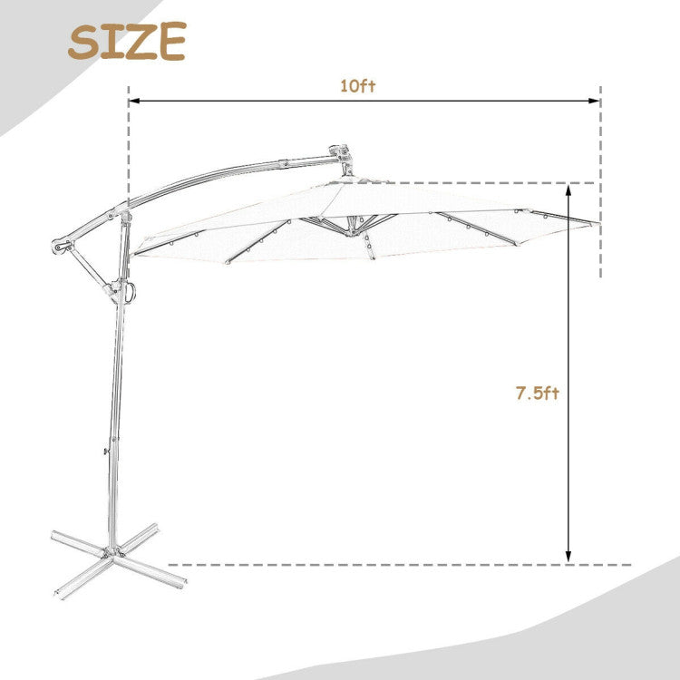 10 ft. 360-Degrees Rotation Aluminum Tilt Cantilever Patio Umbrella with LED Lights and Cross Base in Beige