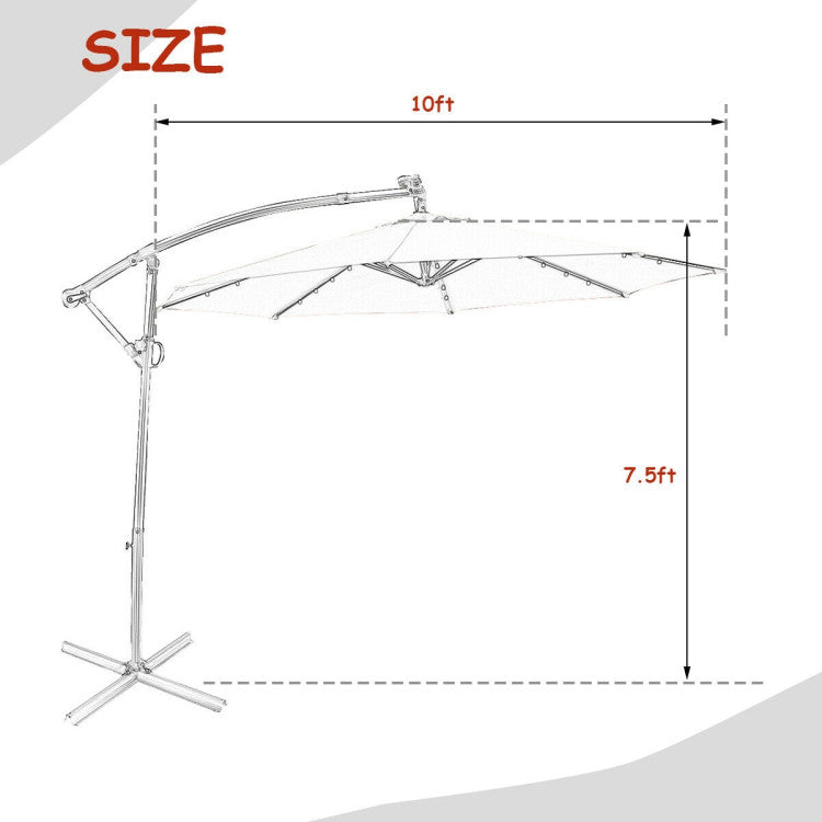 10 ft. 360-Degrees Rotation Aluminum Tilt Cantilever Patio Umbrella with LED Lights and Cross Base in Orange