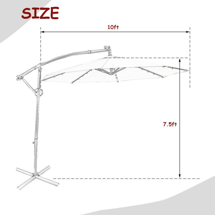 10 ft. 360-Degrees Rotation Aluminum Tilt Cantilever Patio Umbrella with LED Lights and Cross Base in Wine