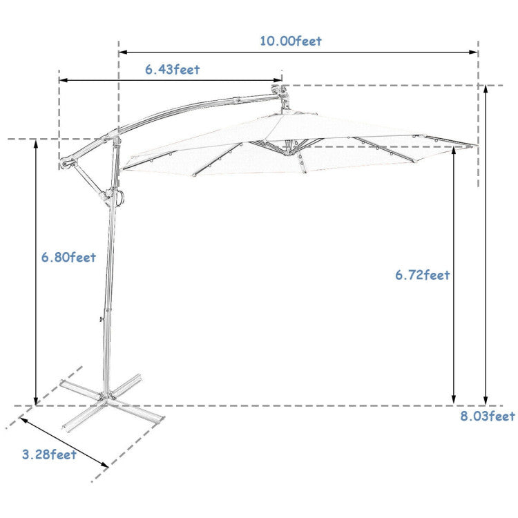 10 ft. 360-Degrees Rotation Aluminum Tilt Cantilever Patio Umbrella with LED Lights and Cross Base in Blue