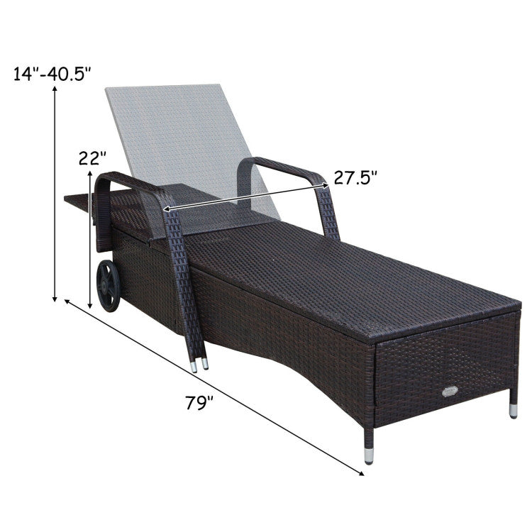 Brown Wicker Outdoor Patio Chaise Lounge with Adjustable Backrest and White Cushion