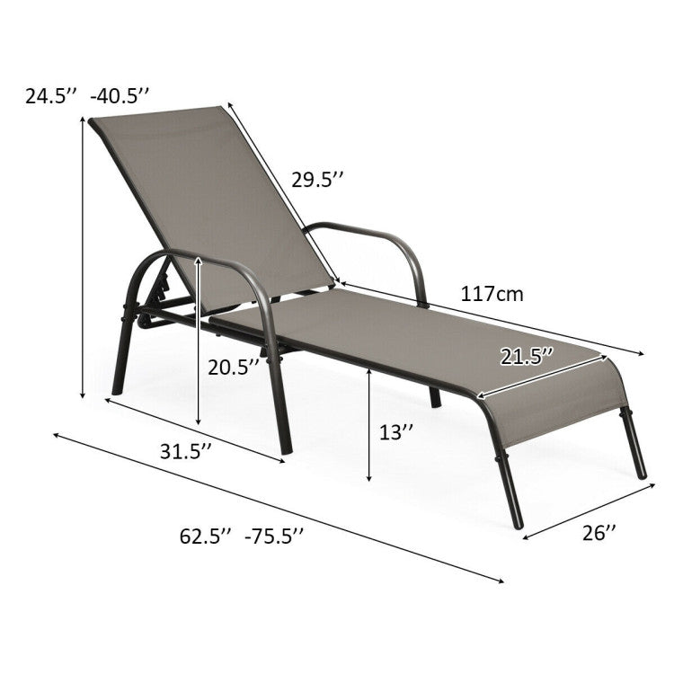 2-Piece Metal Adjustable Outdoor Chaise Lounges Chairs with Adjustable Reclining Armrest in Brown