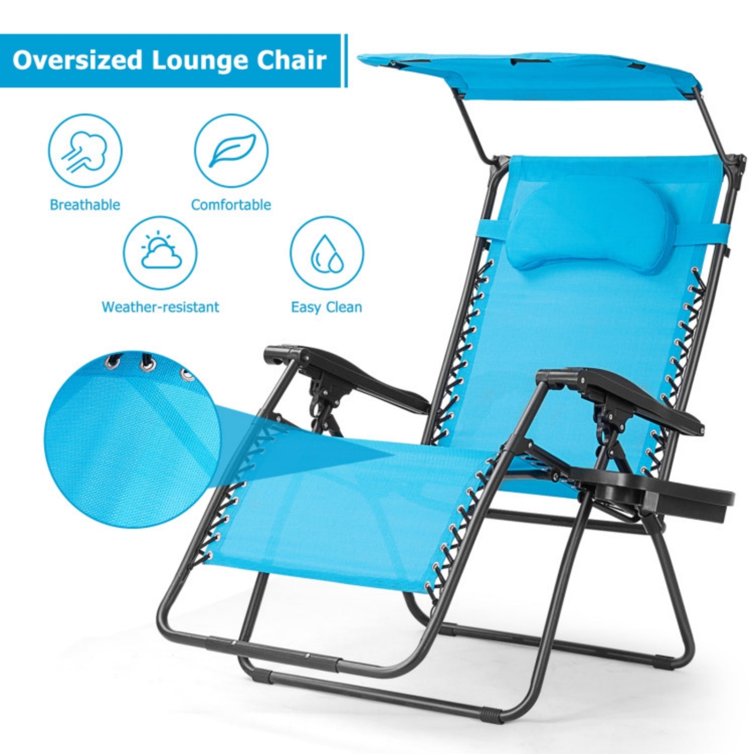 SUGIFT Folding Recliner Lounge Chair with Shade Canopy Cup Holder, Turquoise