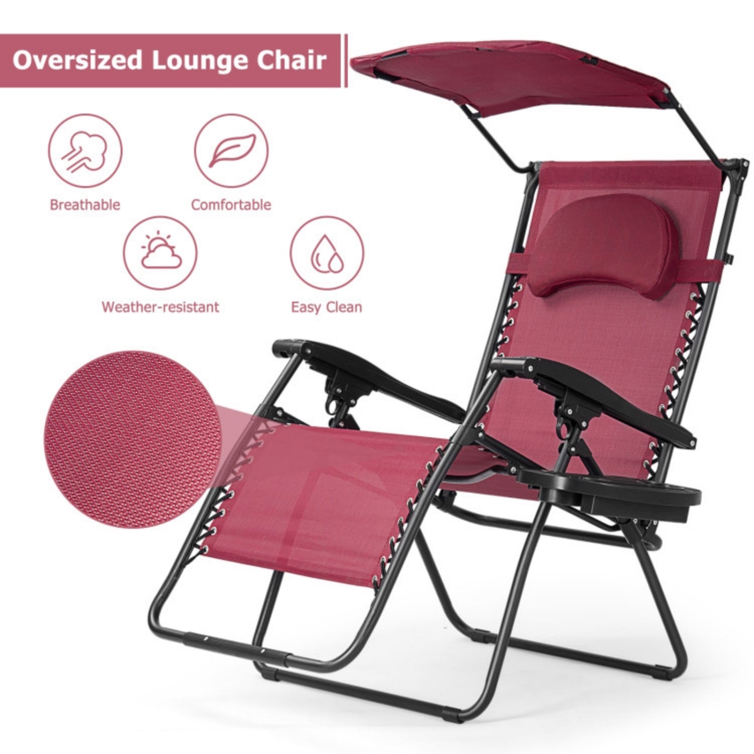 SUGIFT Folding Recliner Lounge Chair with Shade Canopy Cup Holder, Dark Red