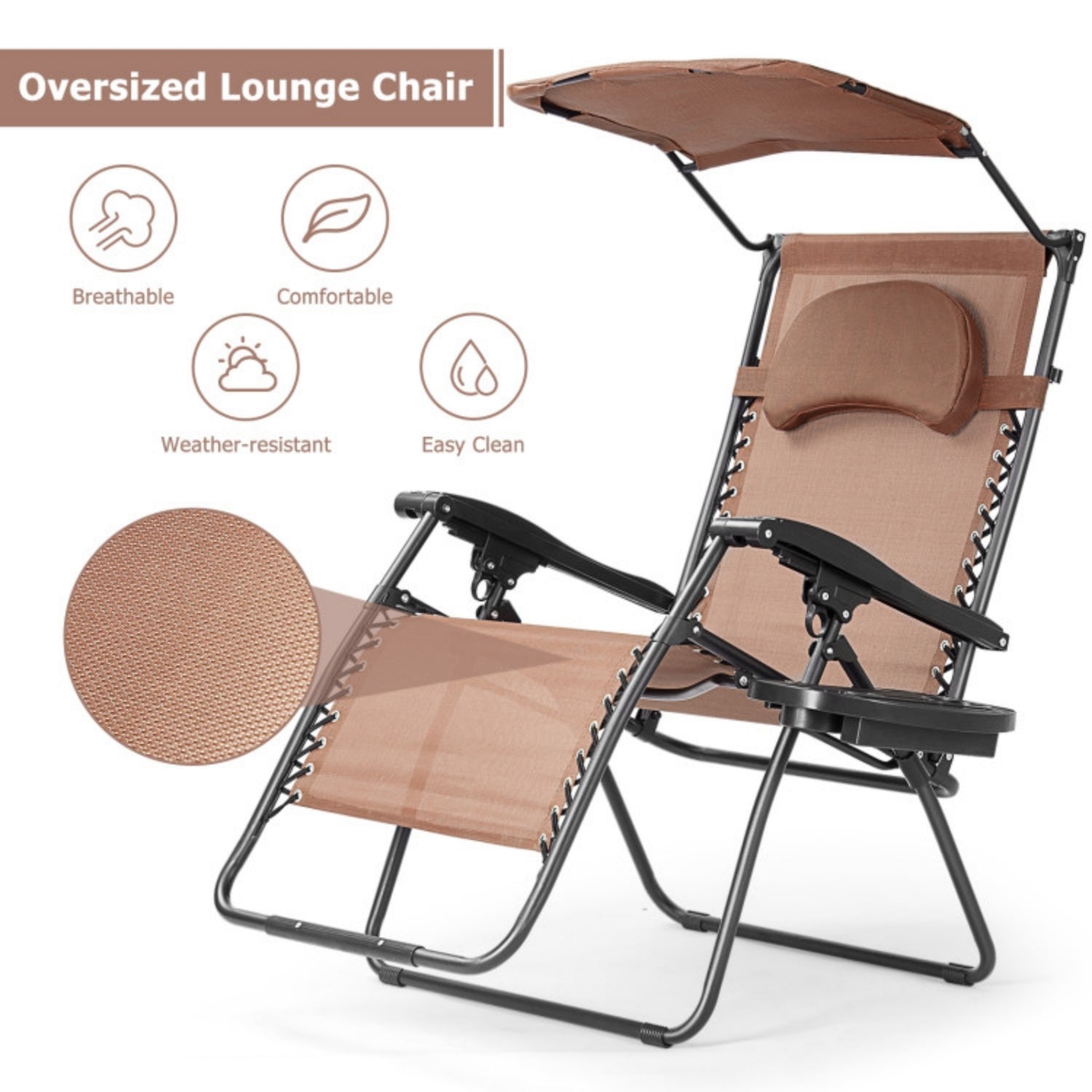 SUGIFT Folding Recliner Lounge Chair with Shade Canopy Cup Holder, Brown