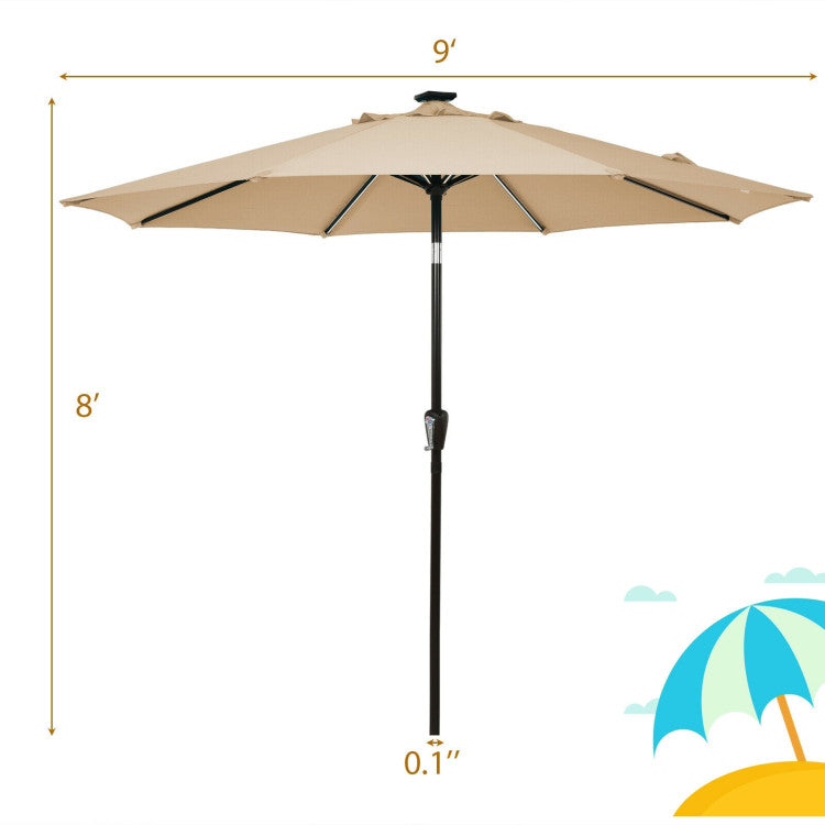 9 ft. Aluminum Market Solar Tilt Patio Umbrella with Crank and 16 Strip Lights in Beige