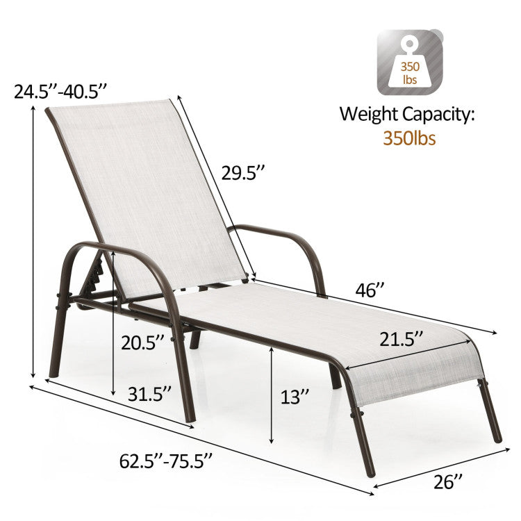 2-Piece Metal Adjustable Outdoor Chaise Lounges Chairs with Adjustable Reclining Armrest in Light Gray