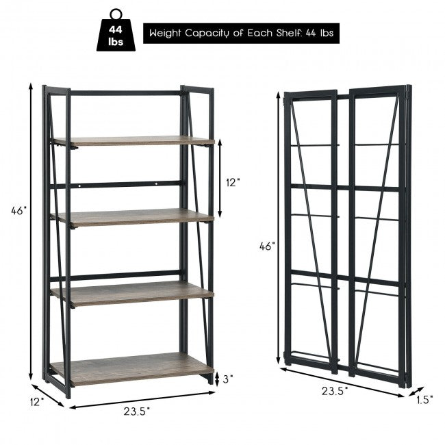 SUGIFT 4-Tier Folding Bookshelf No-Assembly Industrial Bookcase Display Shelves
