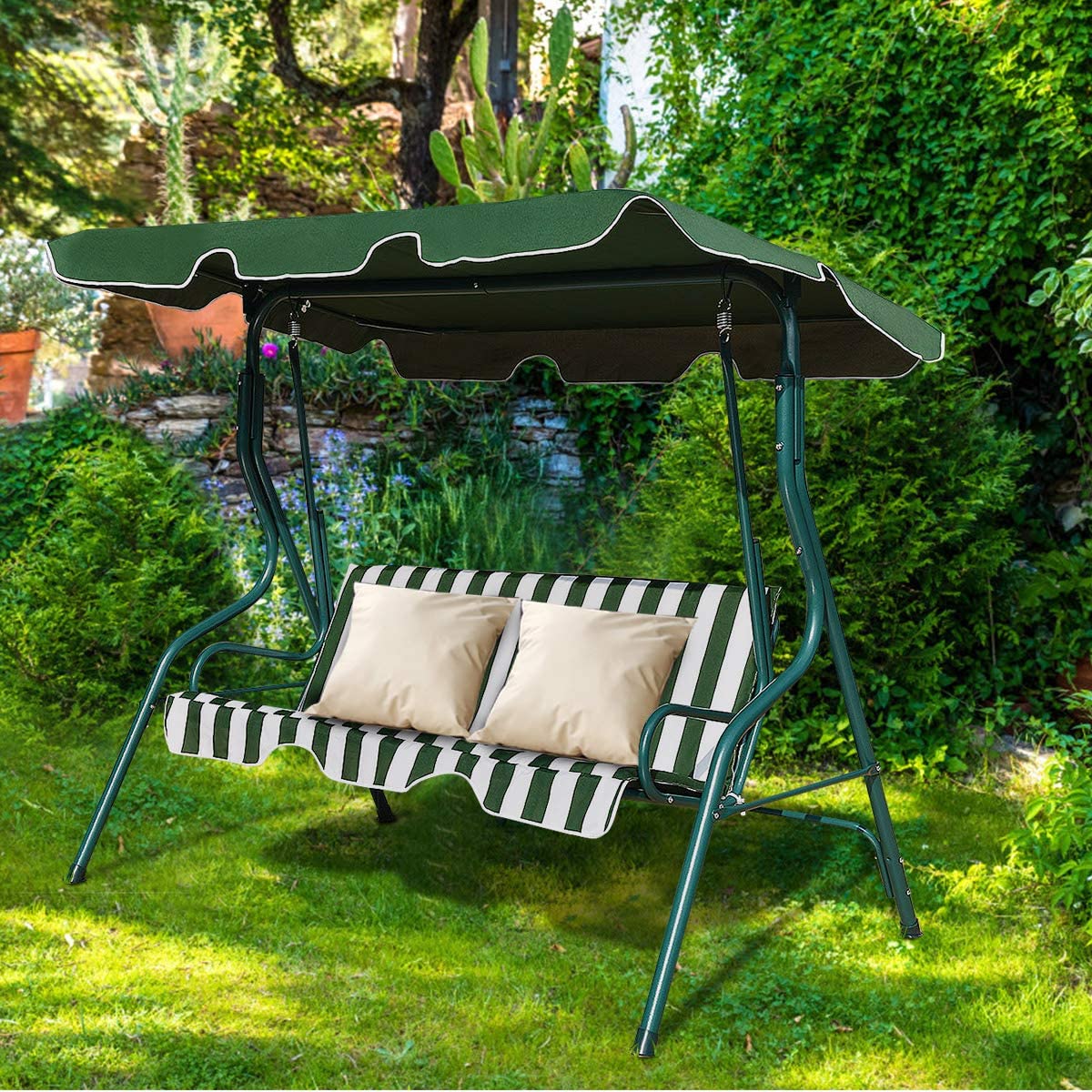 SUGIFT 3-Person Porch Swing with Cushion and Adjustable Tilt Canopy in Green