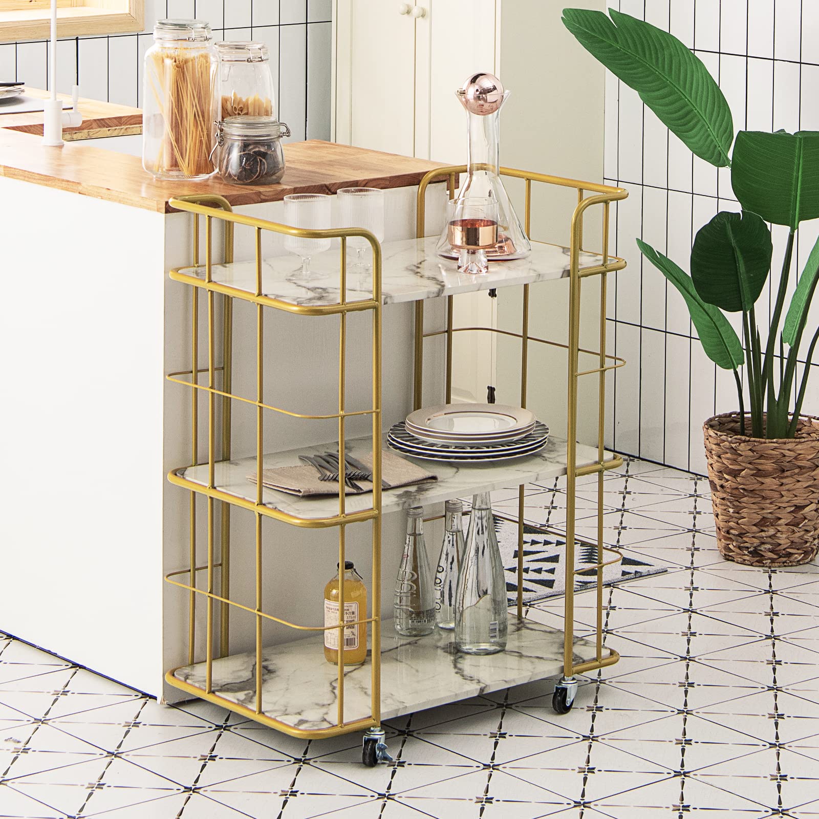 Gold Metal Frame Rolling Glass Kitchen Cart with 3-Shelves