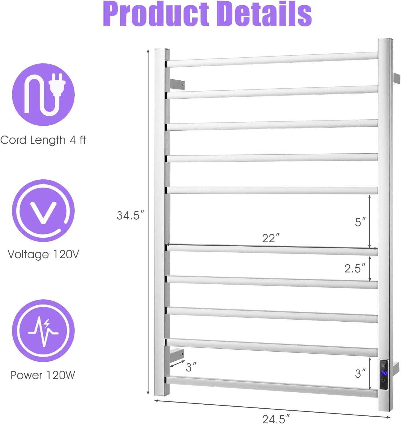 10-Bar Stainless Steel Wall Mounted Electric Towel Warmer Rack in Polished Chrome