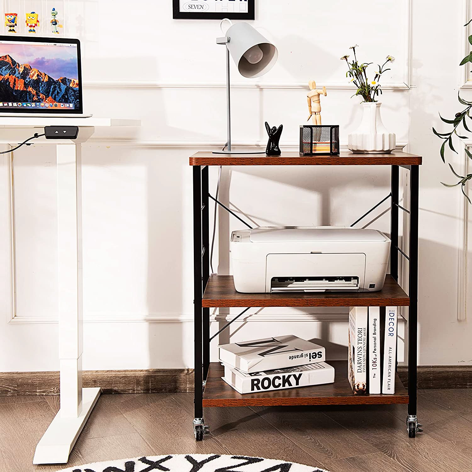 3-Tier Brown Wood Kitchen Cart with 10-Hooks