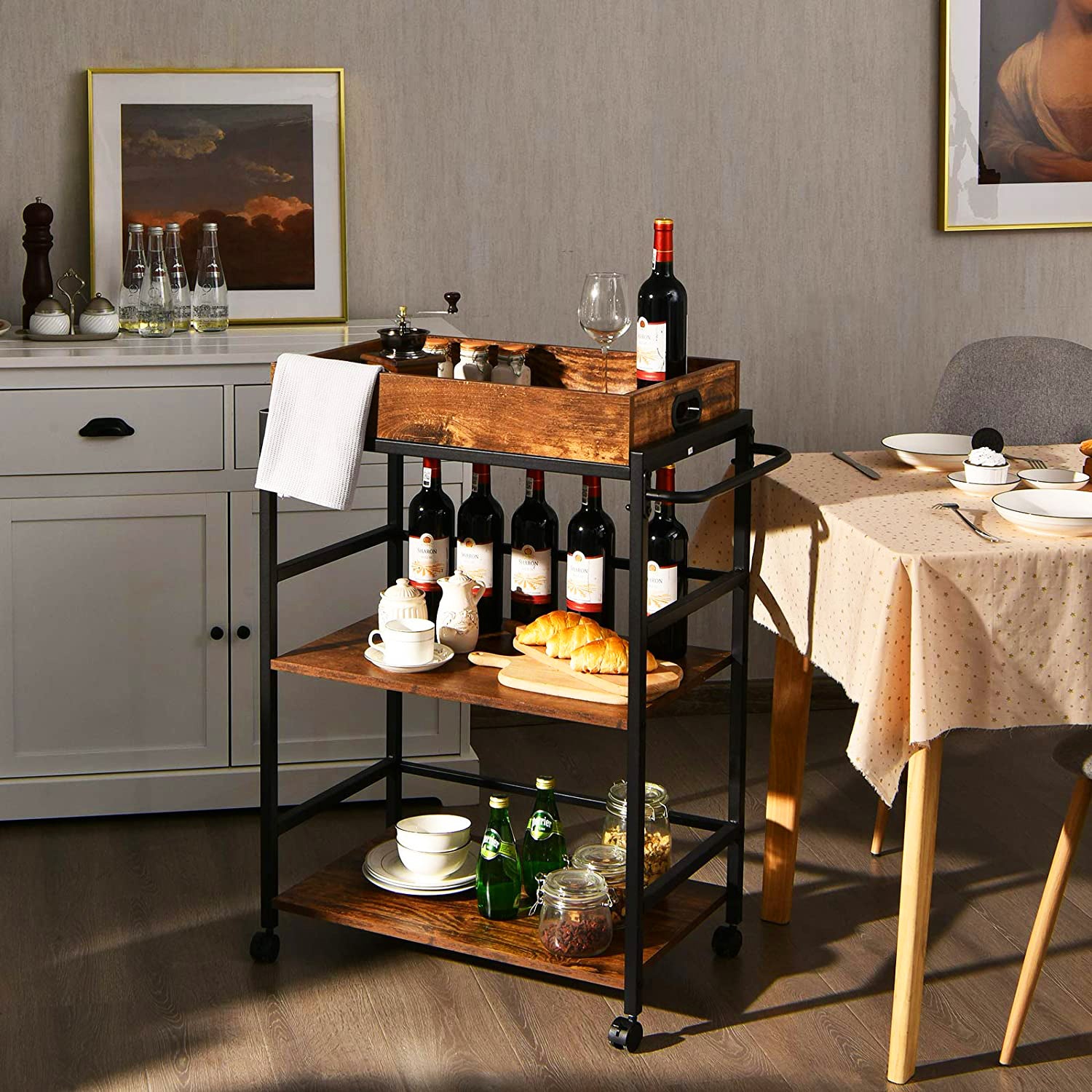 Brown Wood Kitchen Cart with Rack