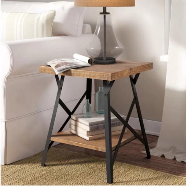 SUGIFT End Table Coffee Table Desk with Solid Wood Top, Industrial Metal Base