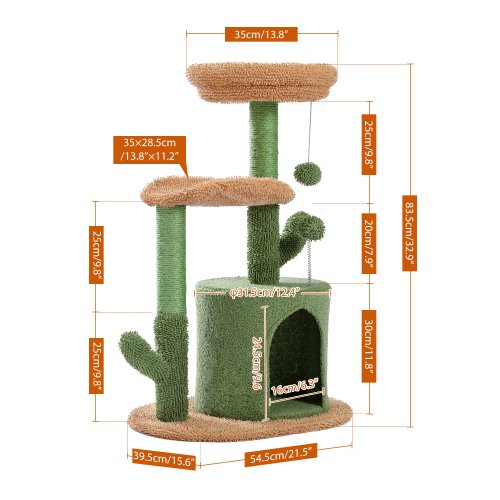 SUGIFT Indoor Cat Tree Cactus Cat Tower with Sisal Covered Scratching Post, Cozy Condo, Plush Perches and Fluffy Balls