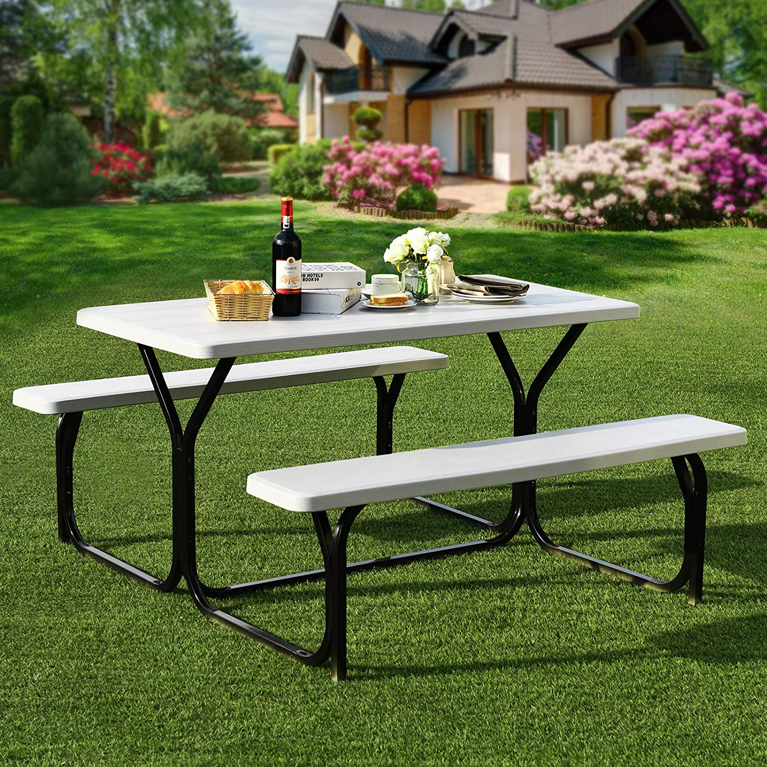 White All-Weather Metal Outdoor Picnic Table Bench Set with Metal Base Wood