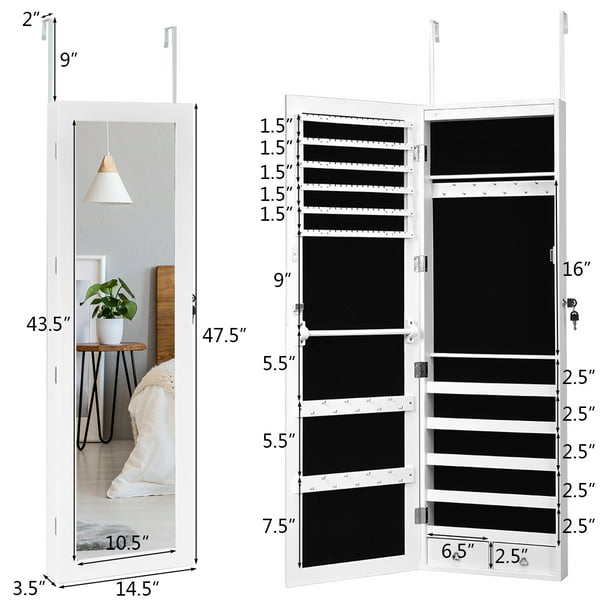 SUGIFT Wall Door Mounted Mirror Jewelry Cabinet Organizer w/LED Light