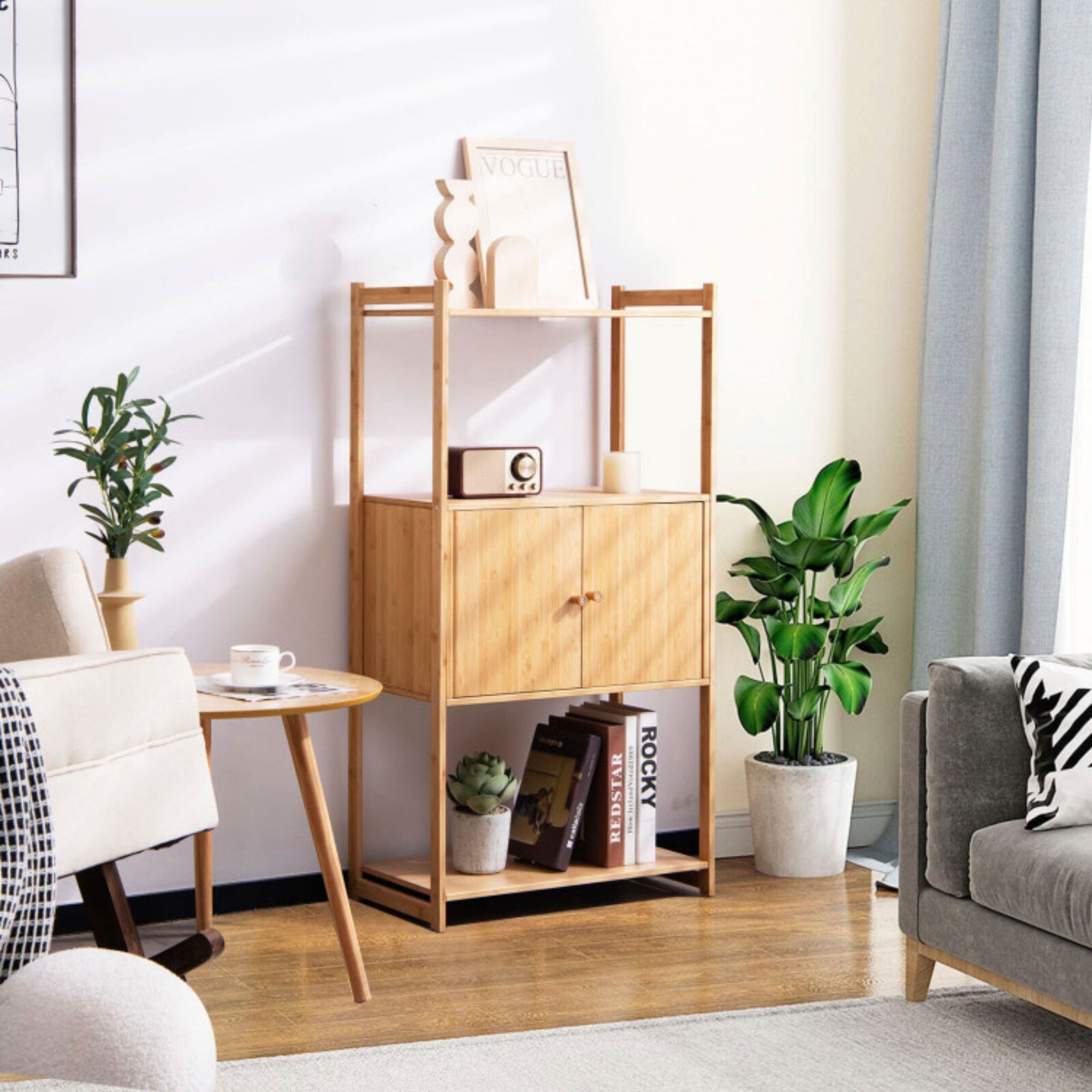 24 in. W x 13 in. D x 48 in. H Natural Brown Double Door Bamboo Bathroom Linen Cabinet Storage Cabinet with 3 Shelves