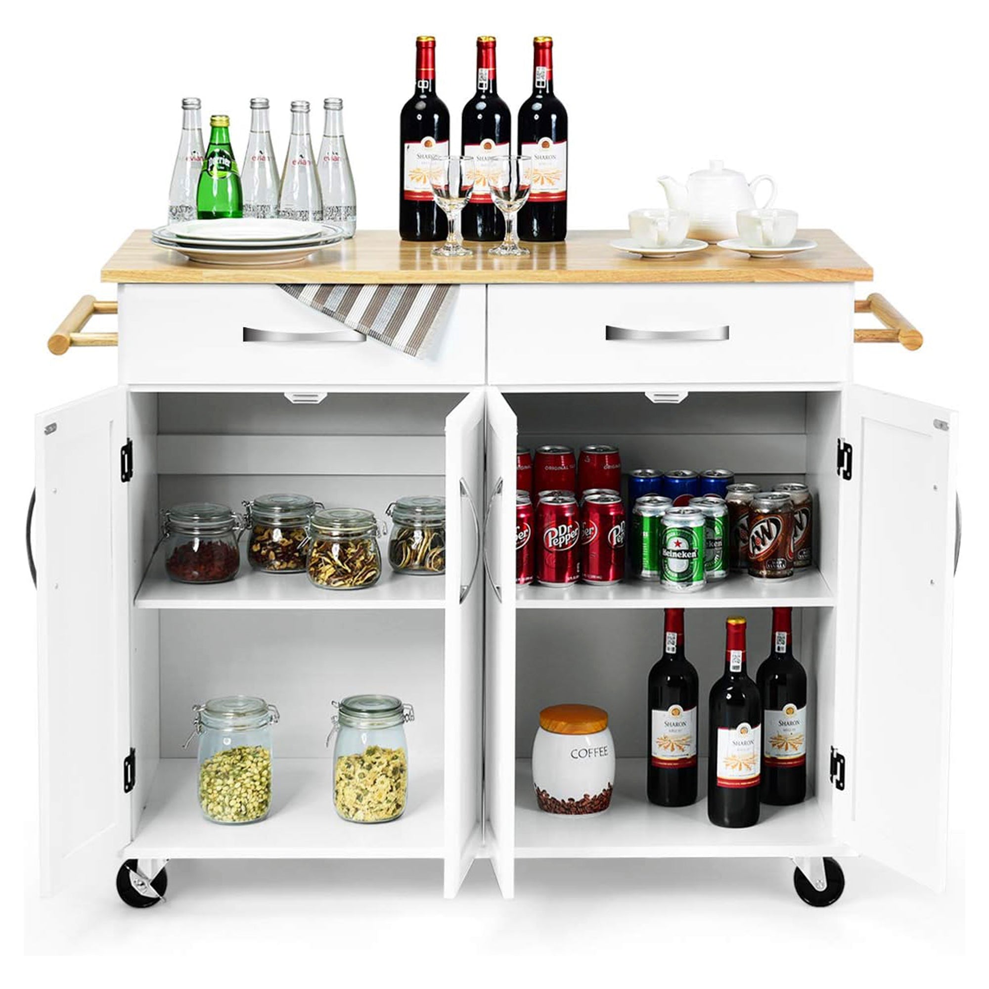 White Rolling Kitchen Cart with Towel Rack and Wood Table Top