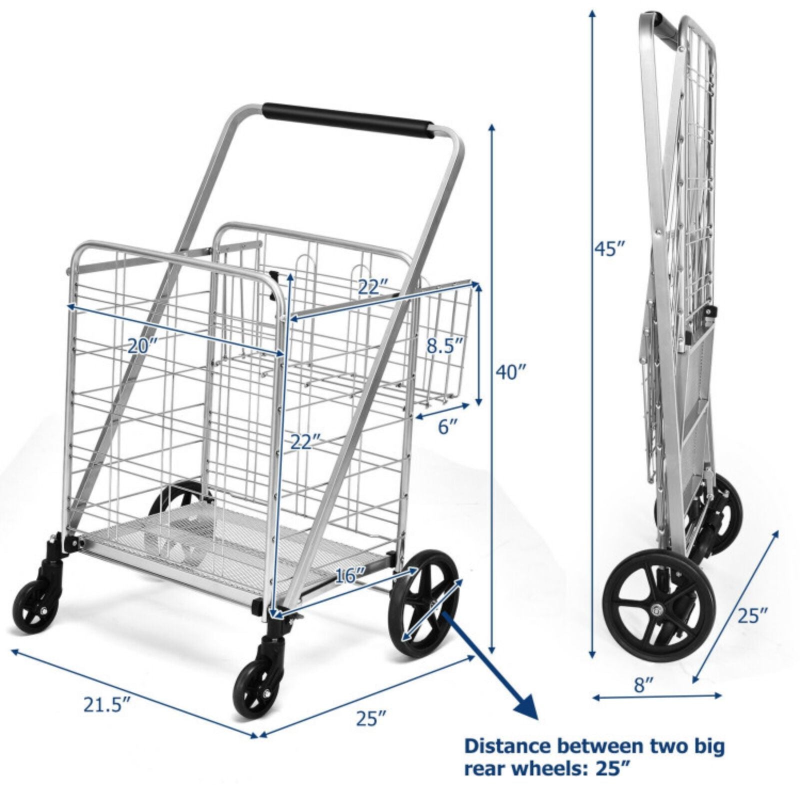 SUGIFT Heavy Duty Folding Utility Shopping Double Cart-Silver