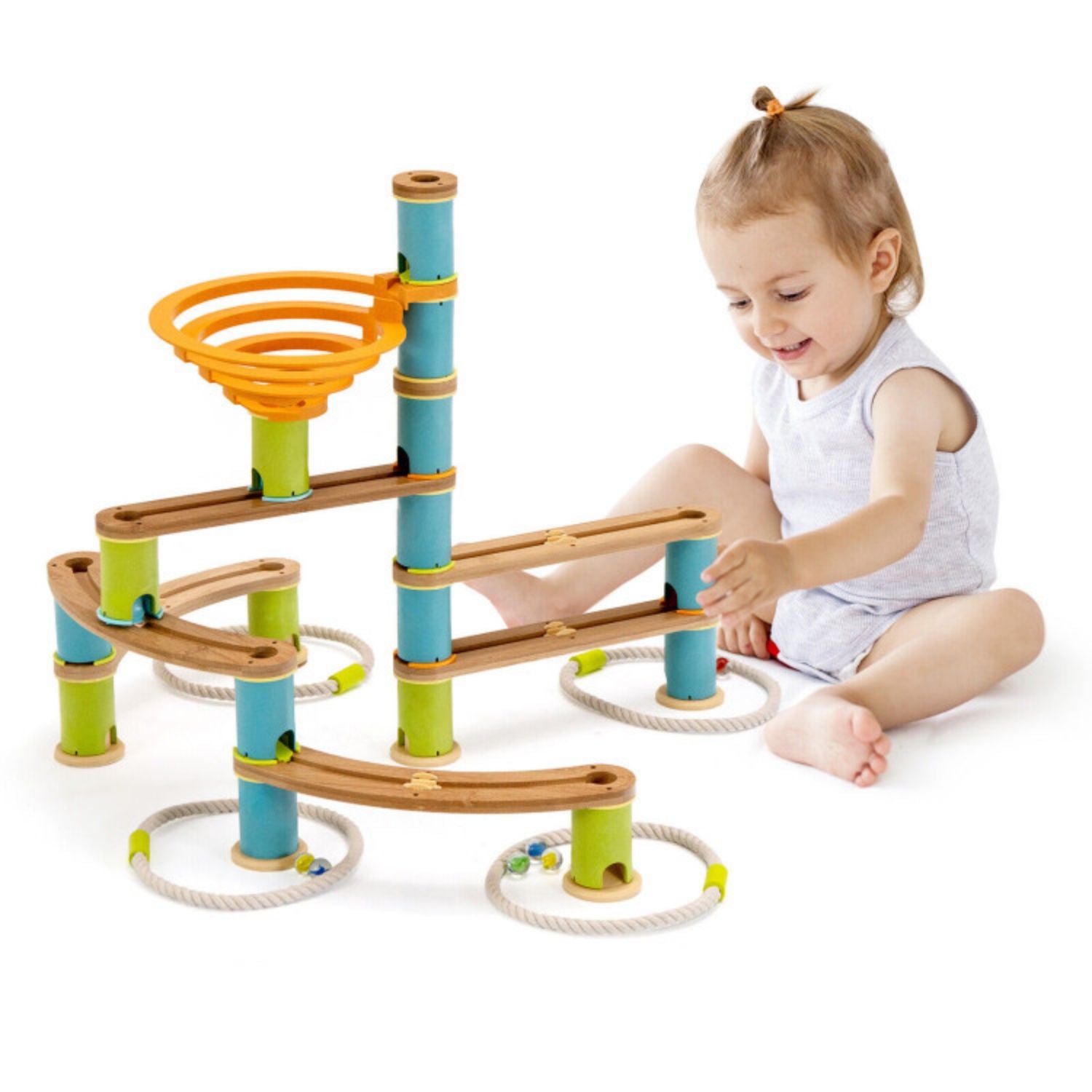 SUGIFT Bamboo Build Run Toy with Marbles for Kids Over 4