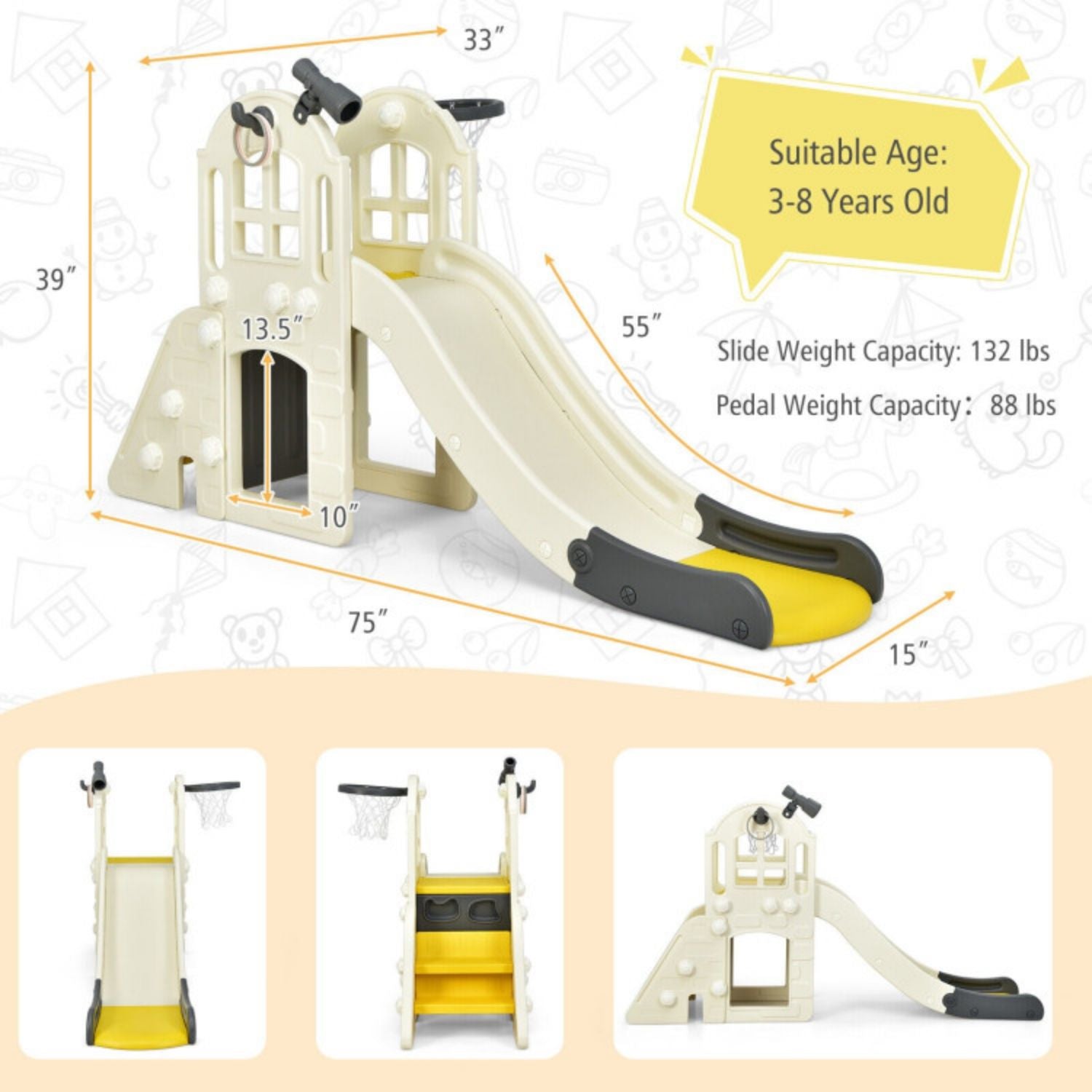 SUGIFT 6-In-1 Large Slide for Kids Toddler Climber Slide Playset with Basketball Hoop-Yellow