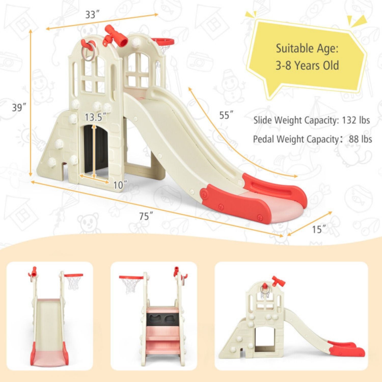 SUGIFT 6-In-1 Large Slide for Kids Toddler Climber Slide Playset with Basketball Hoop-Pink