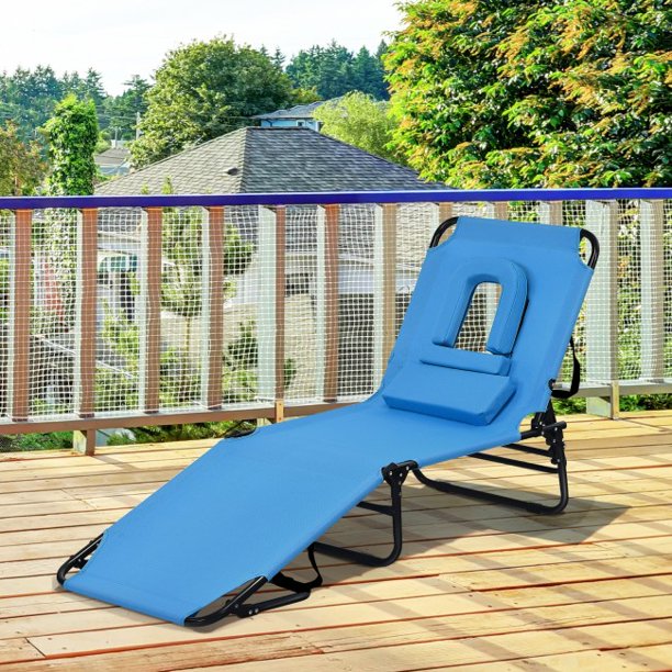 Folding Lounge Chair Portable Chaise Beach Pool Patio Lounge Chair Bed with Adjustable Back and Hole