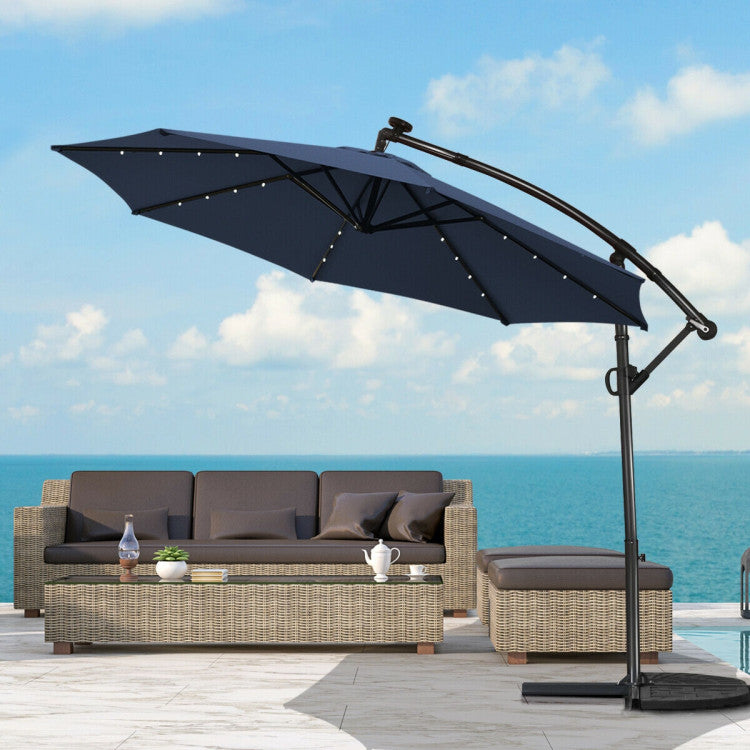 10 ft. 360-Degrees Rotation Aluminum Tilt Cantilever Patio Umbrella with LED Lights and Cross Base in Navy Blue