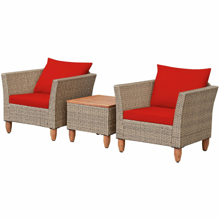 3-Piece Wicker Patio Conversation Set Sofa with Table and Red Cushion