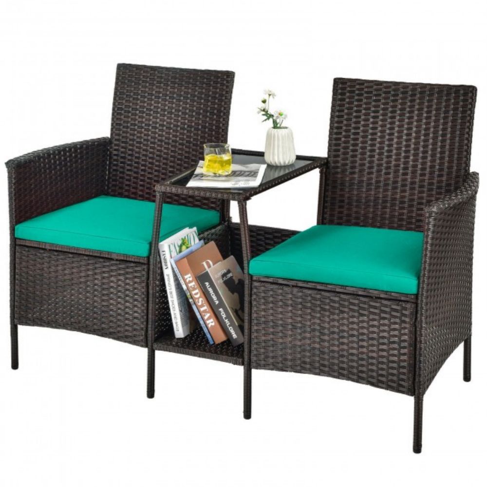 1-Piece Patio Rattan Wicker Conversation Loveseat Set with Turquoise Cushions and Glass Table