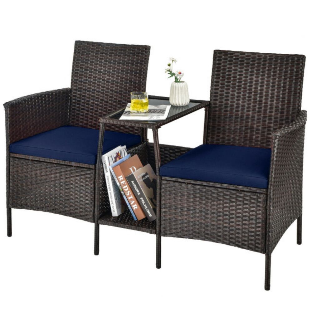 1-Piece Rattan Wicker Patio Conversation Loveseat Set with Navy Cushions and Glass Table