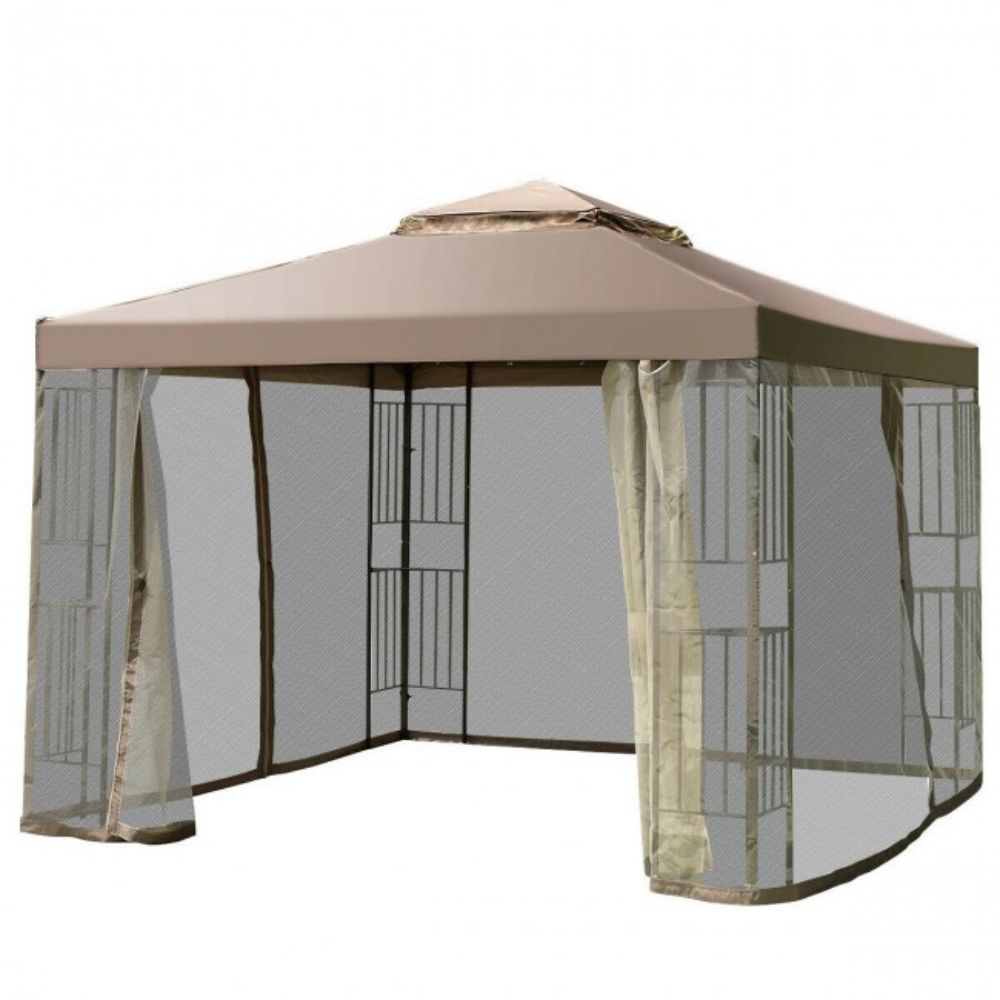 10 ft. x 10 ft. Brown 2 Tier Outdoor Patio Vented Metal Screw-Free Structure Canopy Tent with Mosquito Netting